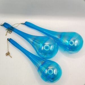 Vintage Jim Marvin Collection Iridescent Blue Glass Teardrop Ornaments Set of 3